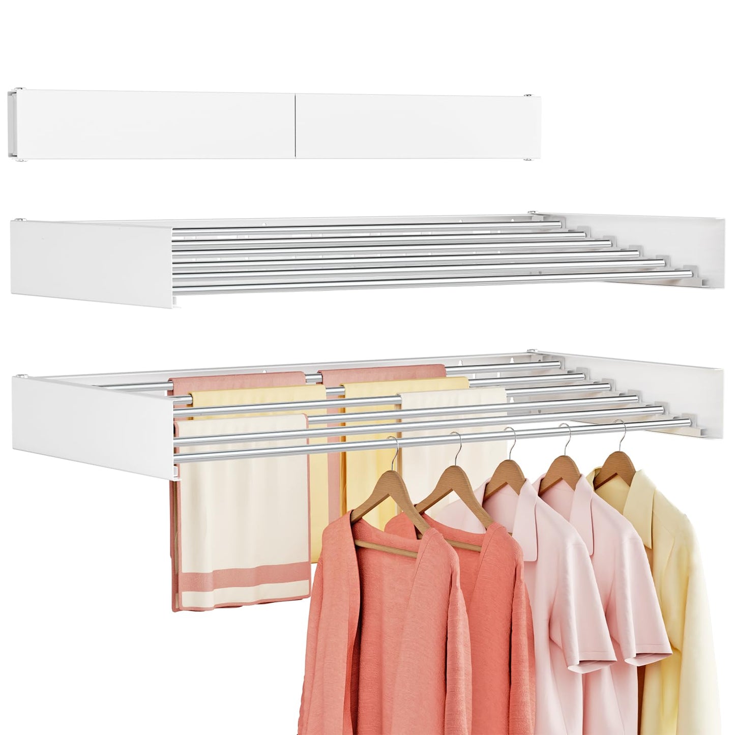 Vasunray Wall Mounted Clothes Drying Rack Folding Indoor, Foldable Laundry Drying Rack Collapsible,Invisible, Space Saving, Retractable Towel Drying Rack, with Wall Template(6 Drying Rods, White 40")