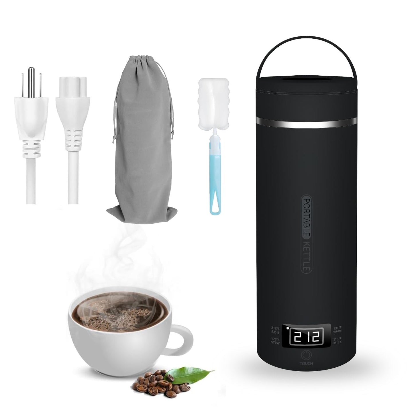 Travel Kettle Portable Electric Tea Coffee Kettle for Hotel,400ml Personal Hot Water Boiler 304 Stainless Steel, Leak-proof, with Cup Brush (Black)