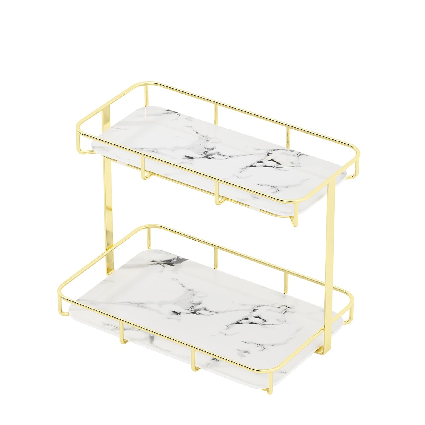 Dobbyby Bathroom Organizer Countertop Perfume Organizer Makeup Organizer Cosmetics Storage Display Rack 2 Tier Vanity Tray Dresser Stainless Steel Shelf Marble Print Ceramic Tray (2 Tier L-Gold)