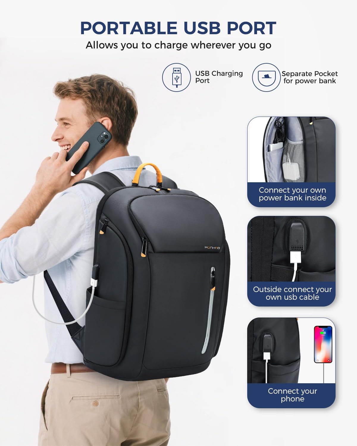 Lekebobor Laptop Backpack for Men, 18.4 Inch Anti Theft Travel Backpack with USB Charging Port, Water Resistant Business Computer Bag Flight Approved Carry On Backpack for Work College, 40L Black