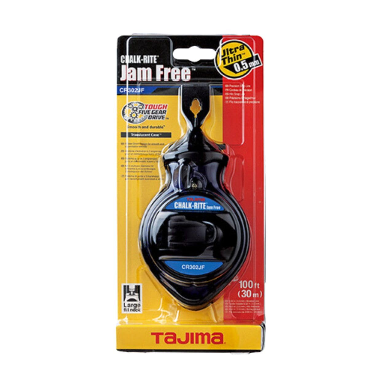 Tajima Chalk Line - Chalk-Rite Jam Free Chalk Box with Ultra Thin 0.5mm Snap Line & Five Gear Quick Retrieval - CR302JF
