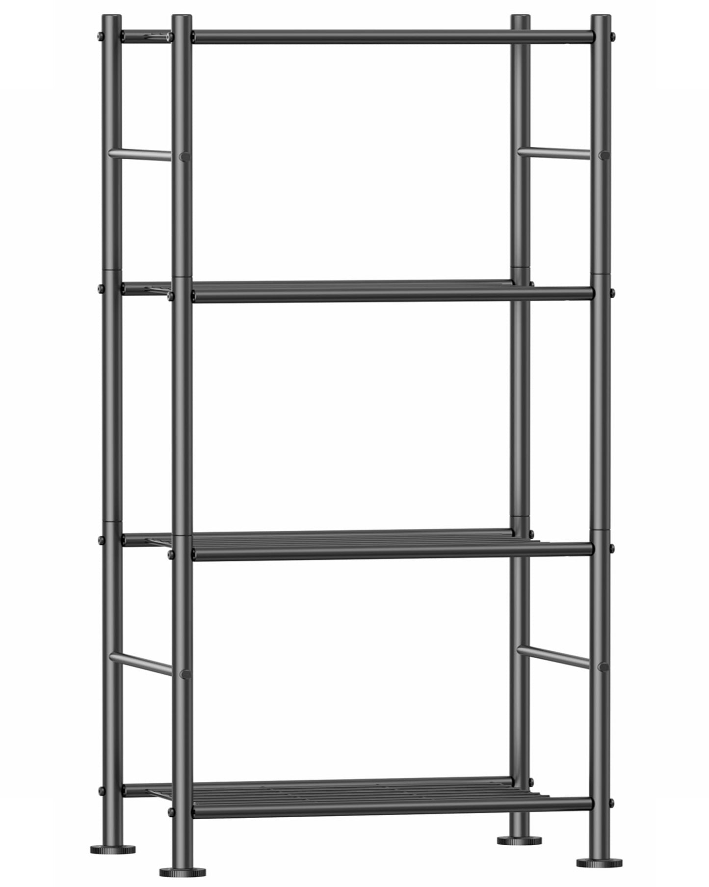 Sakugi 4 Tier Shelf - Heavy Duty Metal Storage Shelves with Adjustable Leveling Feet, Large Capacity Shelving Unit with Multiple Hooks for Kitchen, Pantry, Office(47 x 32 x 111 cm, Black)