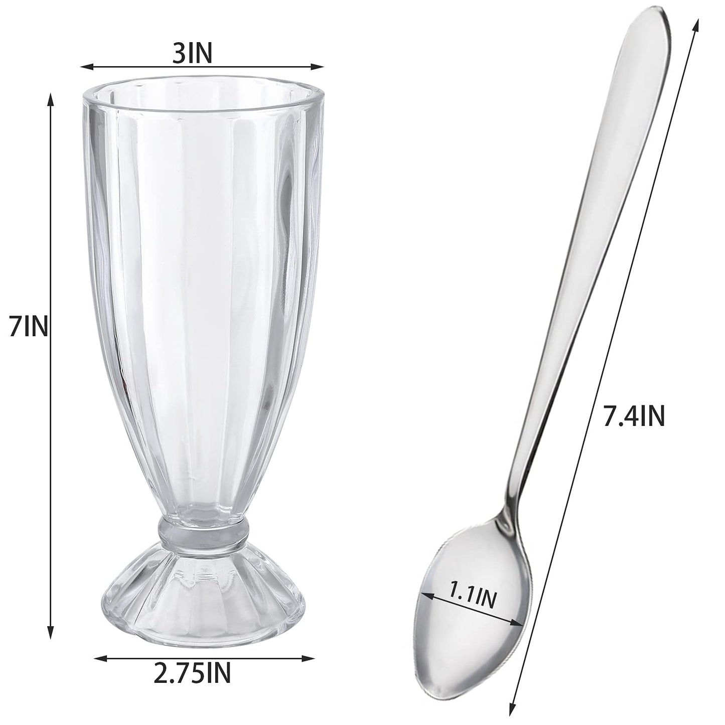 Cedilis 6 Pack 12oz Milkshake Glass with 6 Long Metal Spoons,Old Fashioned Soda Glasses, Fountain Classic Glass for Ice Cream, Clear