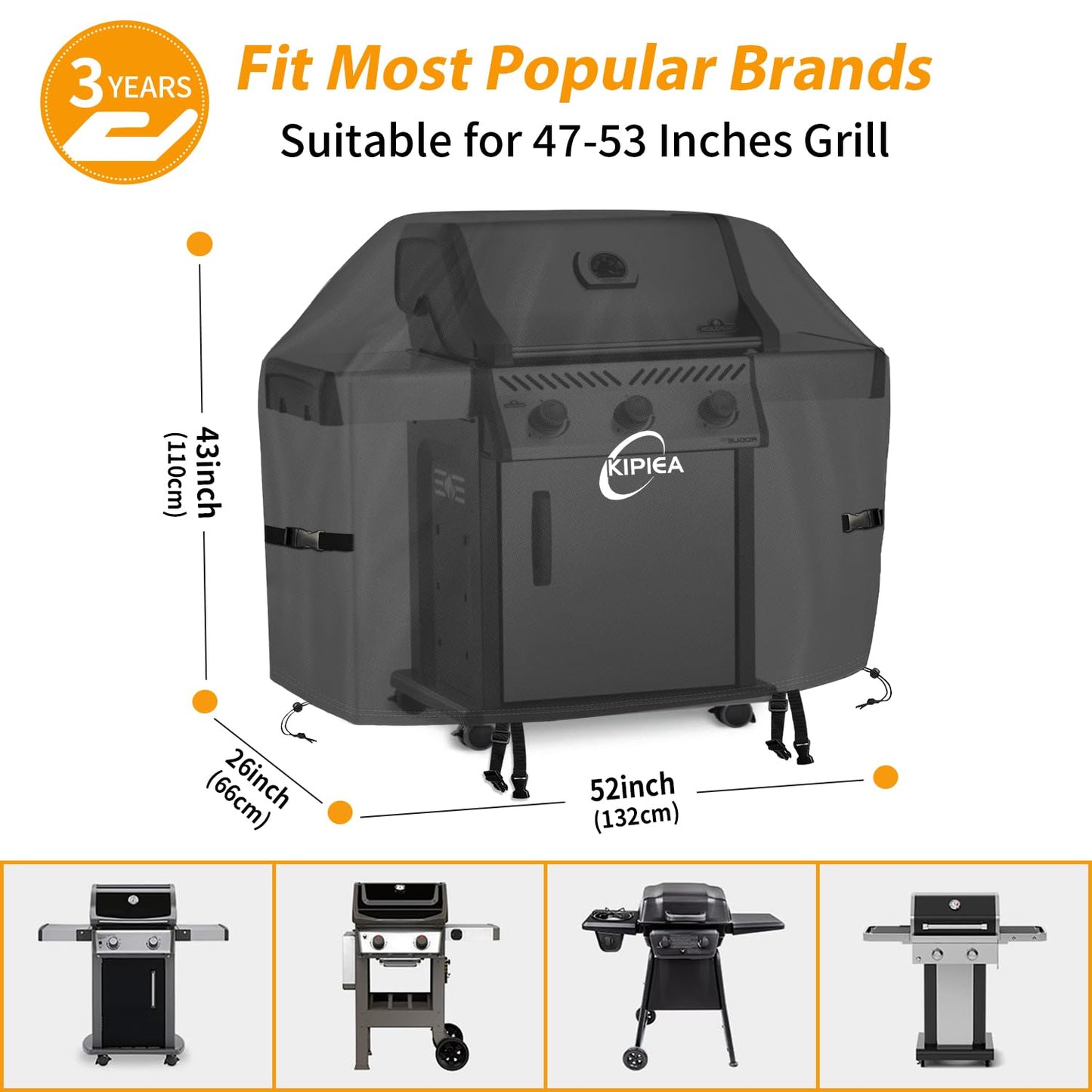 Kipiea Upgrade BBQ Covers 52 inch, Heavy-Duty Barbecue Covers, Universal Gas Grill Covers with 4 Windproof Buckles, No Tears Anti UV No Fading (52" W x 26" D x 43" H)