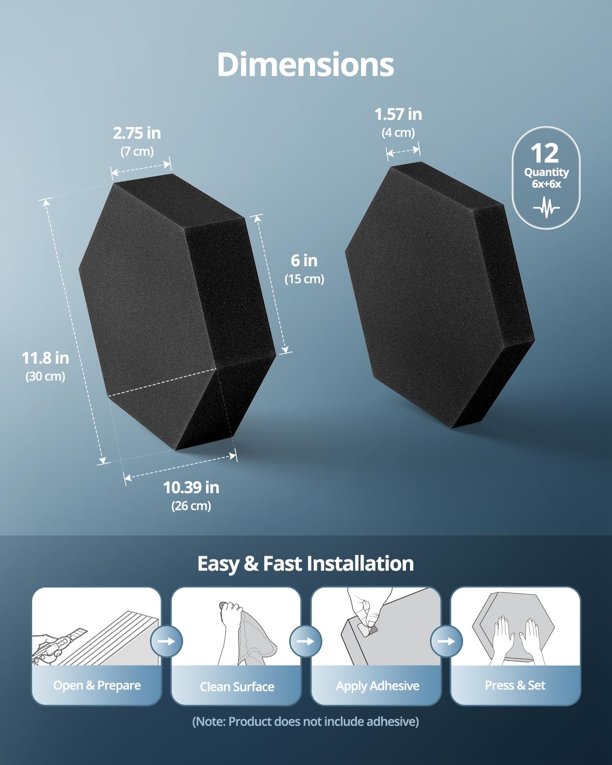 Acoustic Foam Panels, 3D Hexagon Dual Thickness 1.57" & 2.75" Acoustique Sound Absorbing Tiles for Studio, Room, 12 Pack, 12" x 10" Black Decorative Art Panels for Ceiling, Door, Walls