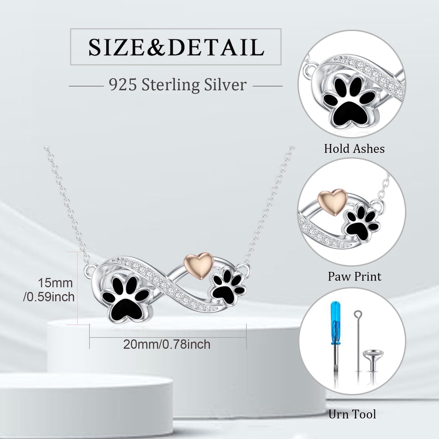 Flpruy Pet Cremation Jewelry Sterling Silver Cat Dog Urn Necklace for Ashes Infinity Paw Print Cremation Keepsake Memorial Jewelry for Women