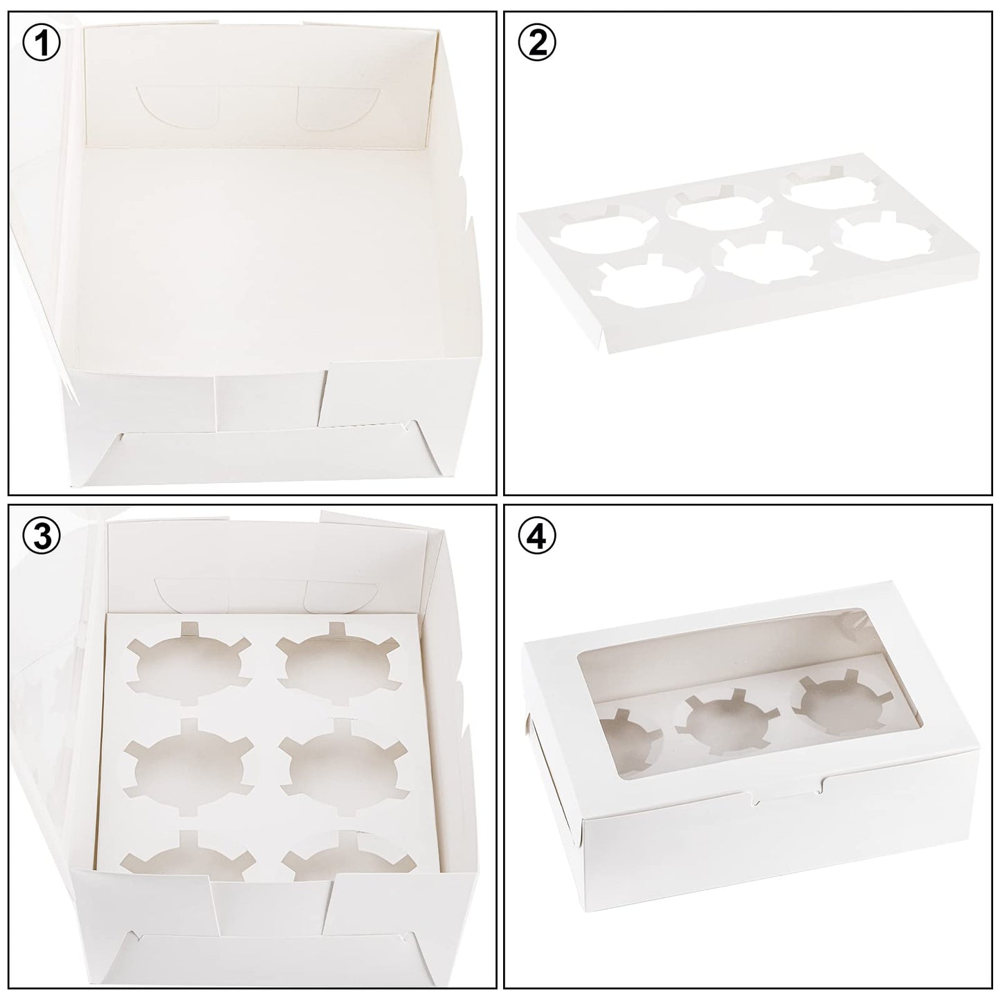 Jucoan 50 Pack White Paper Cupcake Box with Insert and Window Hold 6 Standard Cupcakes, Cupcake Carrier Container, Bakery Muffin Box for Pastry, Cookies, Birthday, Mother's Day, Wedding Party