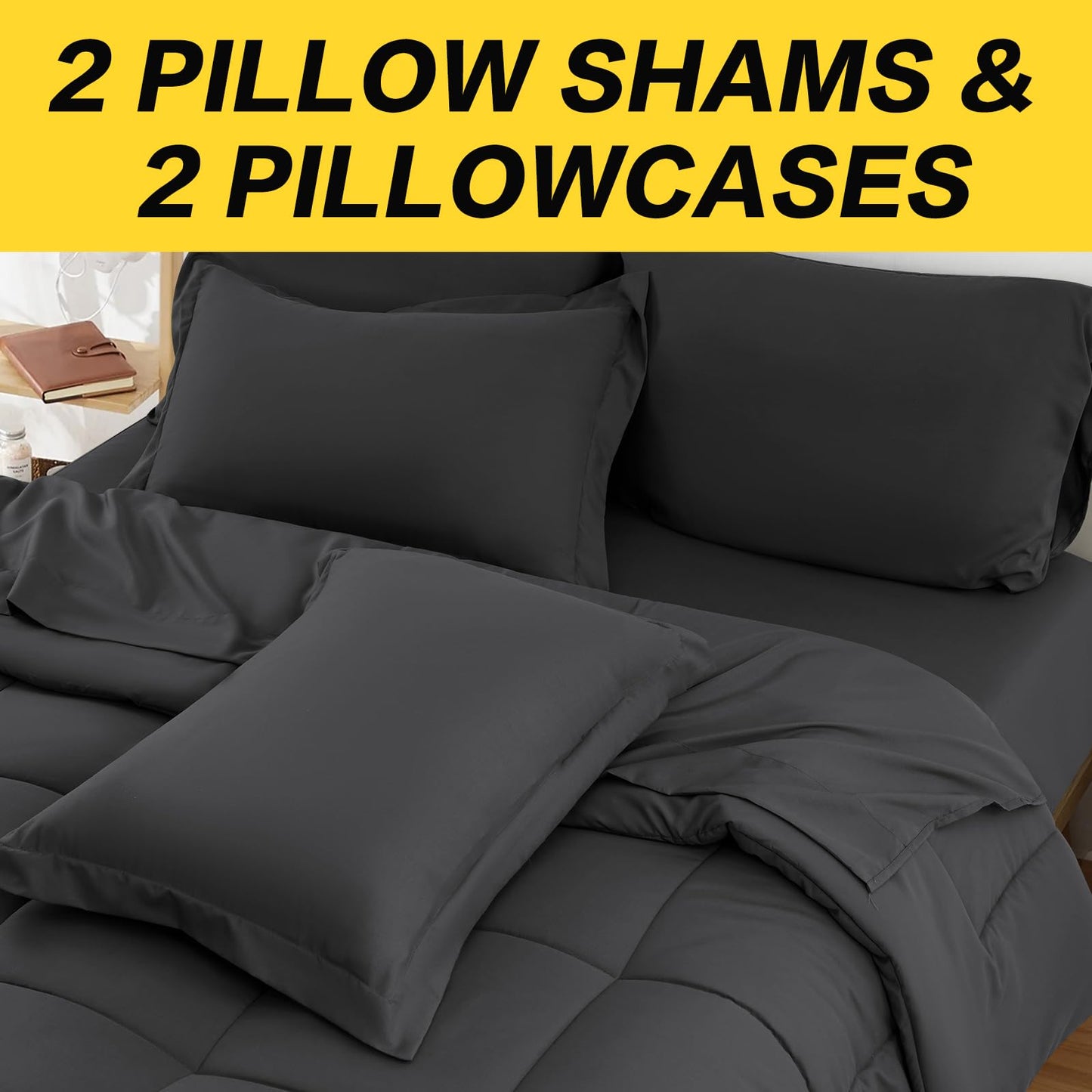 KELTARO Queen Size Comforter Set - 7 Pieces, Bed in a Bag Bedding Sets with All Season Soft Quilted Fluffy Reversible Comforter,Flat Sheet,Fitted Sheet,2 Pillow Shams,2 Pillowcases,Dark Grey