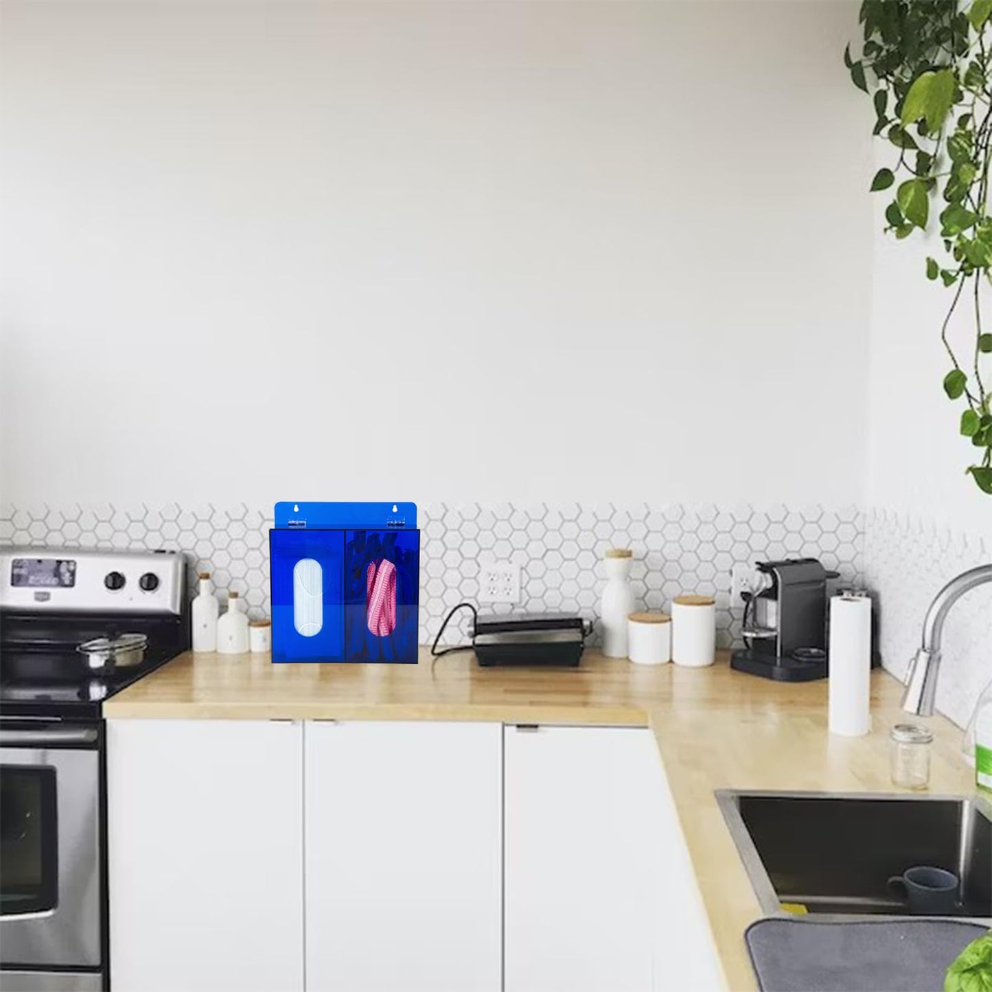 Blue Acrylic Glove Box Holder, Wall Mounted Glove Dispenser, Hairnet Shoe Cover Dispenser (for 2 Boxes)