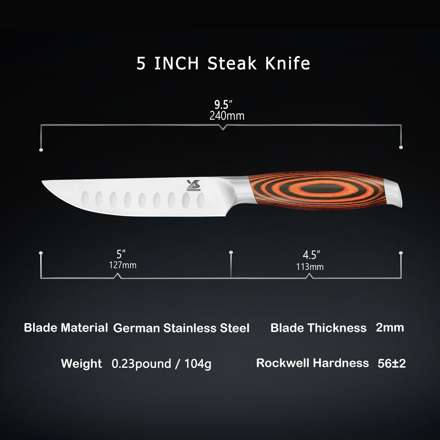 MSY BIGSUNNY Steak Knife Set, 4-Piece, German Steel 5-Inch Blade, Ergonomic Handle Steakhouse Knife Set