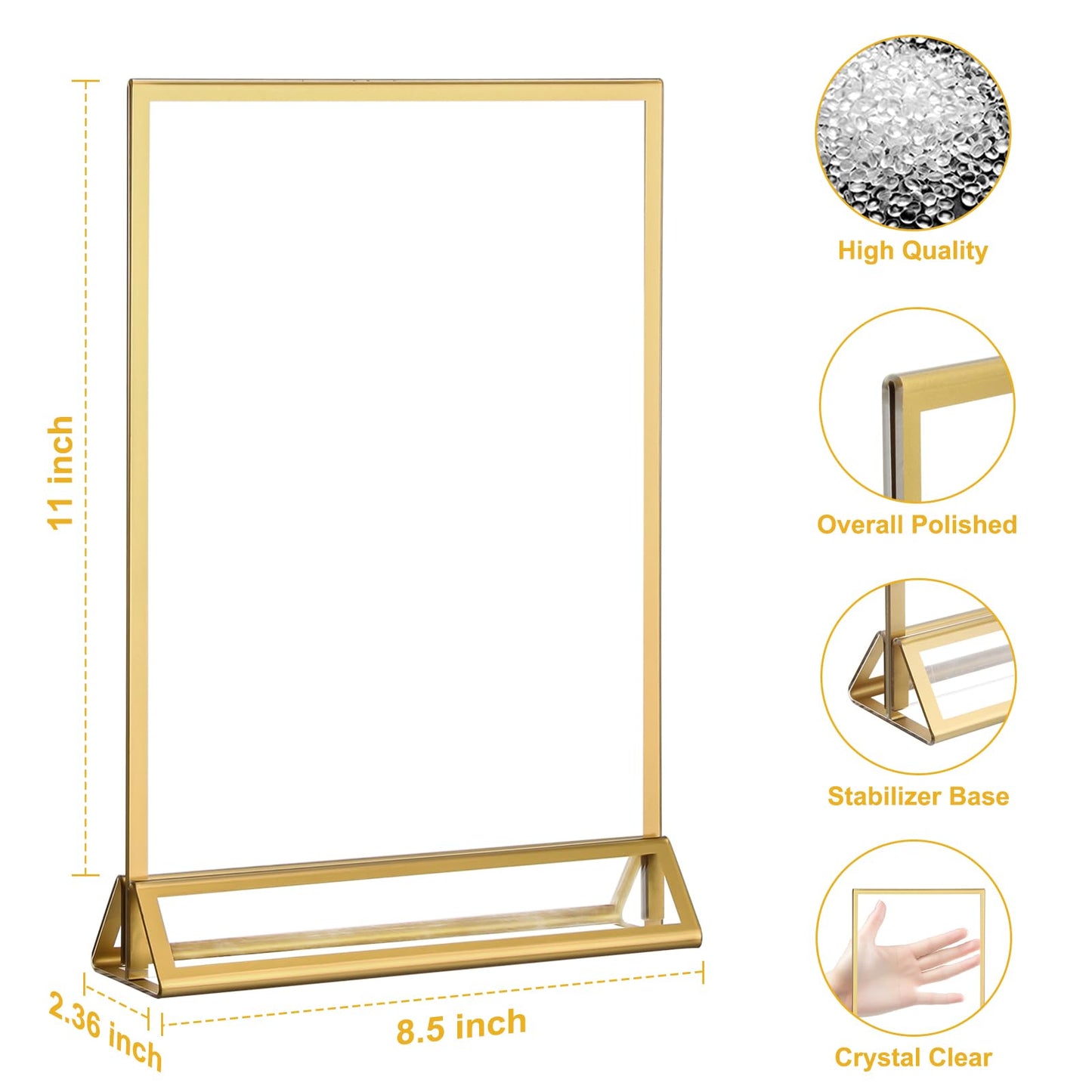 EHWINE 8 Pack Acrylic Sign Holder 8.5 x 11, Double Sided Gold Picture Frame Stand up Table Top Sign Holders, Clear Display Stand Menu Flyer Holder for Wedding Party (Provide Non-slip Mats)