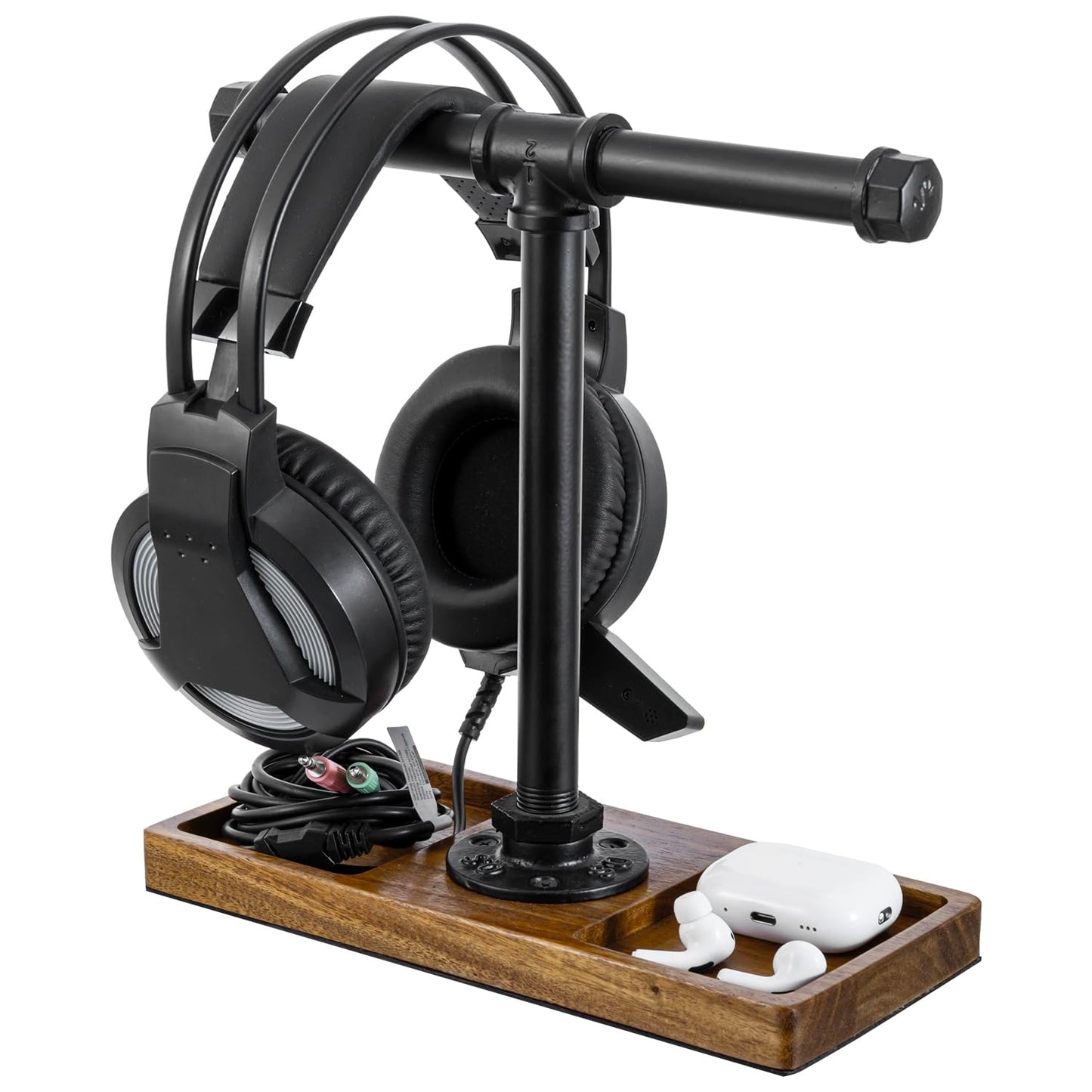 MyGift Premium Acacia Solid Wood and Industrial Black Metal Pipe T-Bar Over Ear Headphones Holder, Tabletop Dual Headphone Display Stand with Accessories Tray