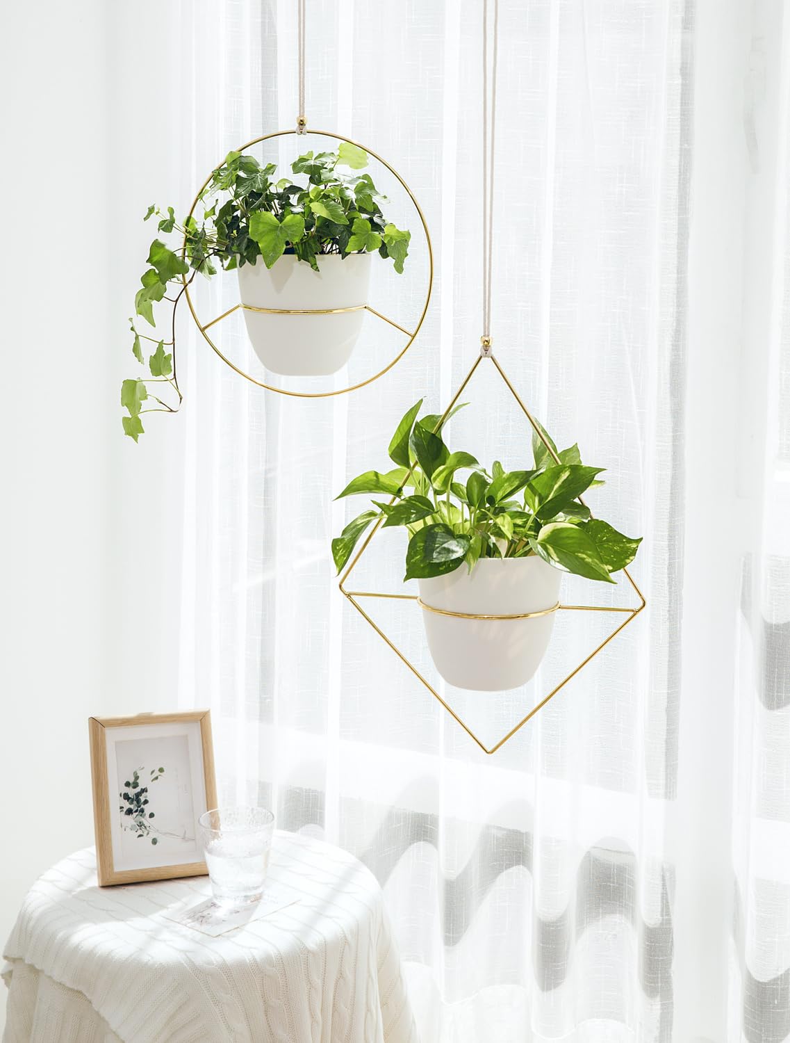 Mkono Boho Metal Hanging Planter with Plastic Pots, Set of 2 , Modern Mid Century Flower Pot Plant Holder in Diamond and Circle Shape, Fits 6 Inch , Gold