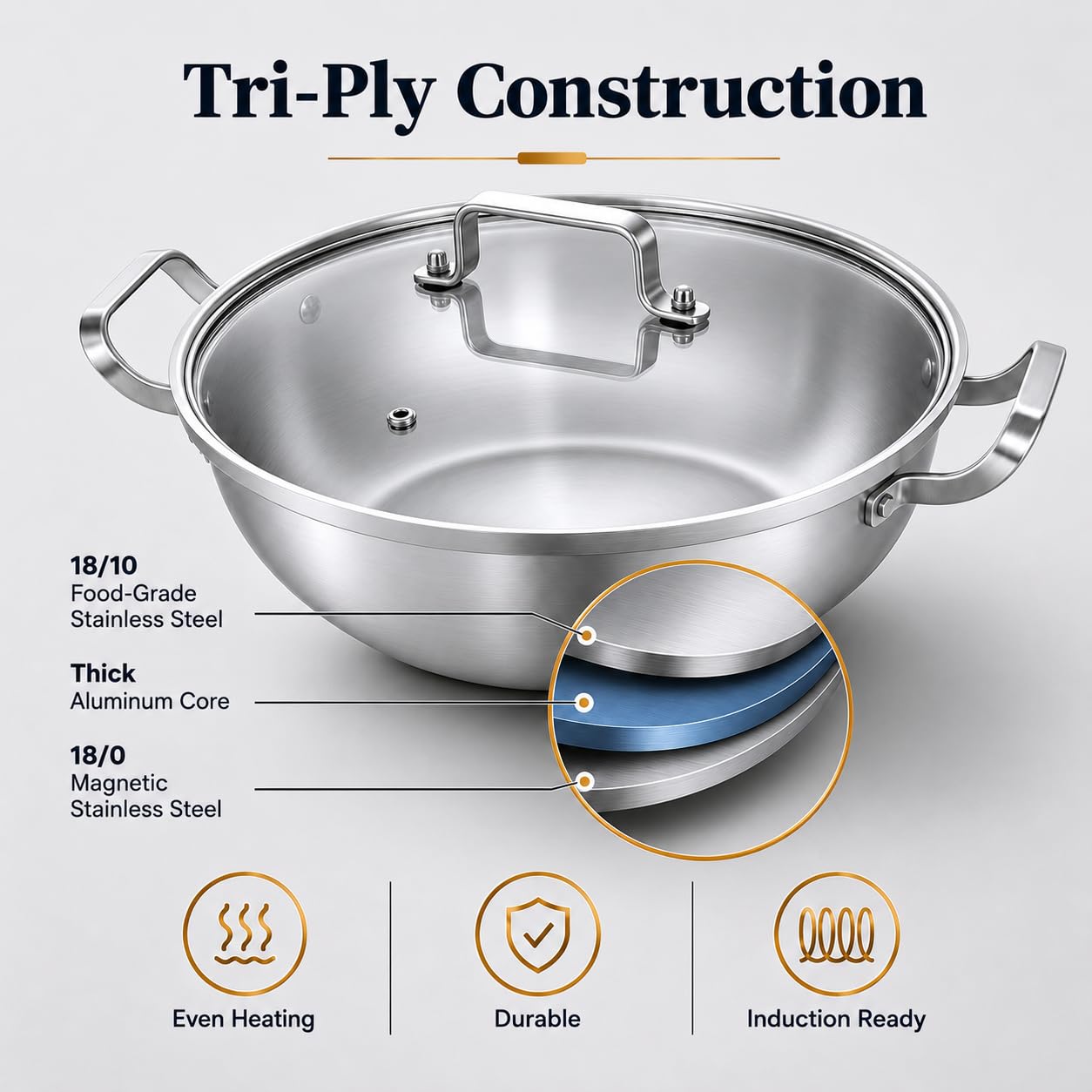 DELARLO Tri-Ply Stainless Steel 12 inch Everyday Pan with Glass Lid, Deep Saute Pan, Kitchen Everything Pan, High Side Chef's Pans, Induction Cooking Pot, Dishwasher Safe, 4QT Stock Pot Up to 600℉
