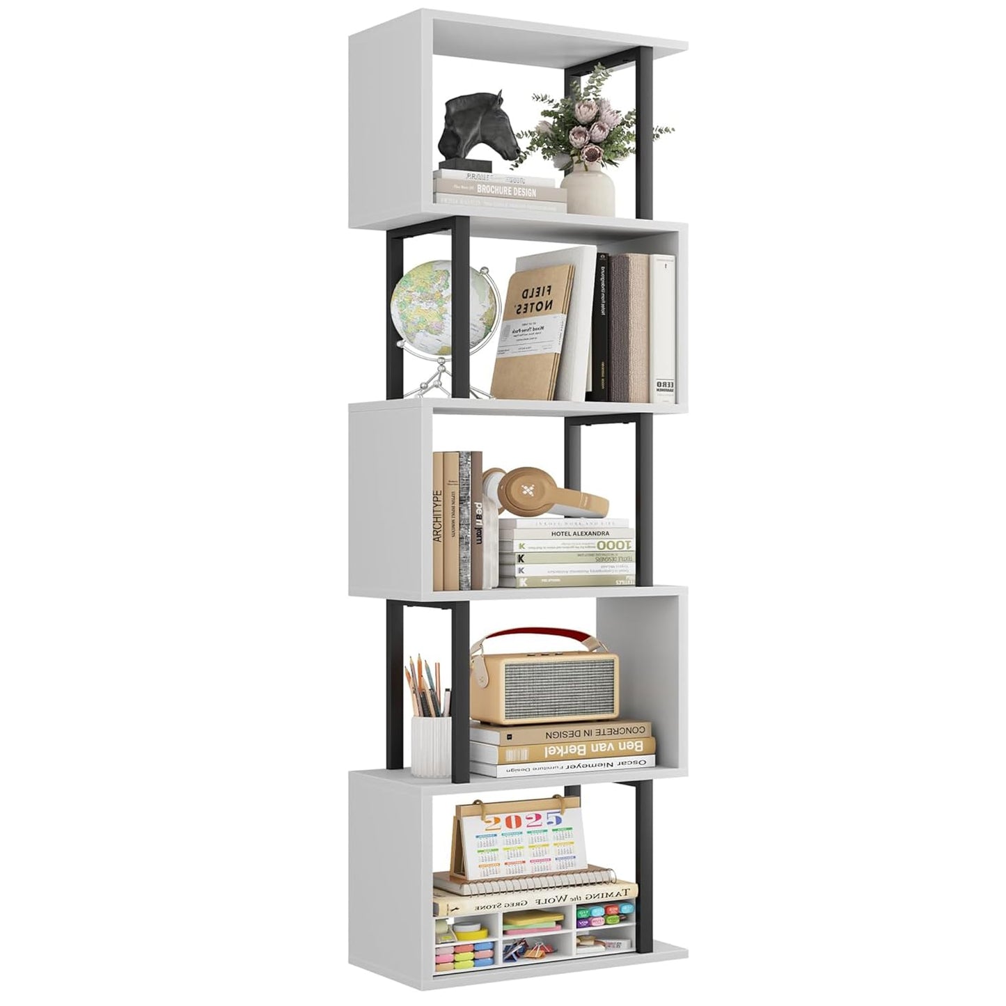 Gadroad 5-Tier Bookshelf, Narrow S-Shaped Geometric Bookcase, Wood Decorative Storage Shelving, Modern Freestanding Display Shelves, Book Shelf Unit for Living Room Bedroom Home Office, White