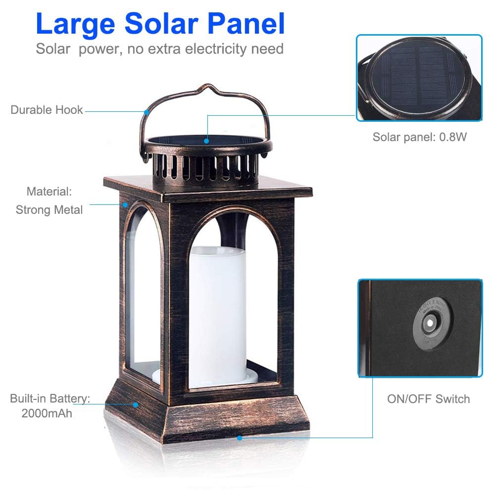 Solarbaby Solar Lantern Lights, Metal Flickering Flame, Solar Lights for Outdoor Use, Hanging Lighting, Solar Powered LED-Flame Lights for Garden, Patio, Path (Bronze, Pack of 2)