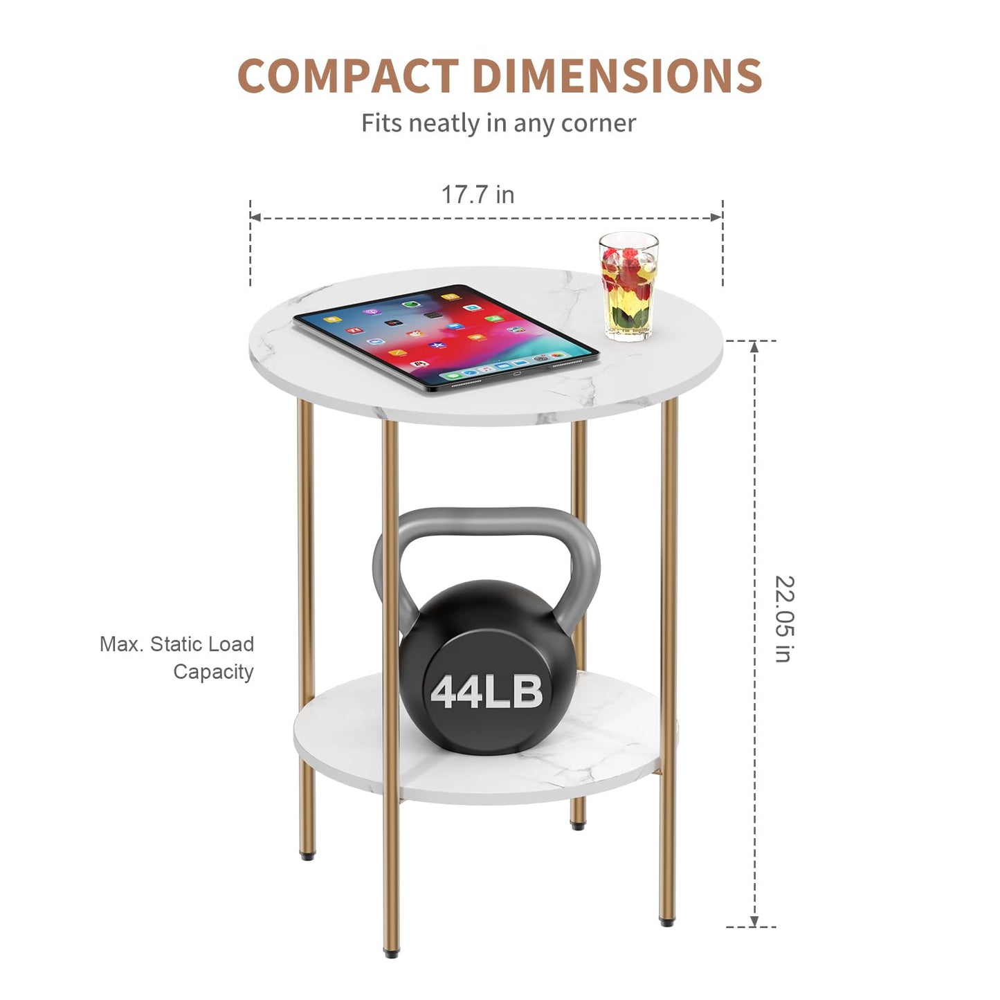 CAMOAT Side Table,Round End Table with 2 Storage Shelves| Compact Side Tables for Living Room, Couch, Office & Bedroom | Narrow Accent Table as Space-Saving Small Bedside Table (Marble White)