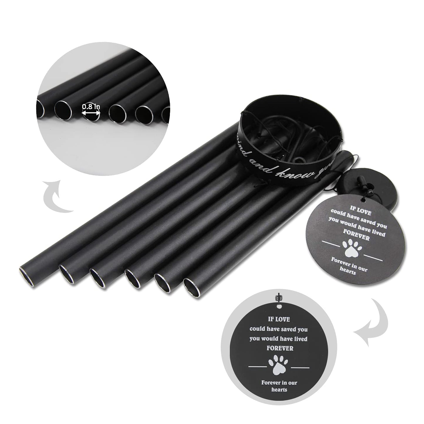 Pet Memorial Wind Chime, 30 Inches Paw Print Pet Remembrance Gift to Honor and Remember a Dog, Cat, or Other Pet, Premium Metal Wind Chime, Black