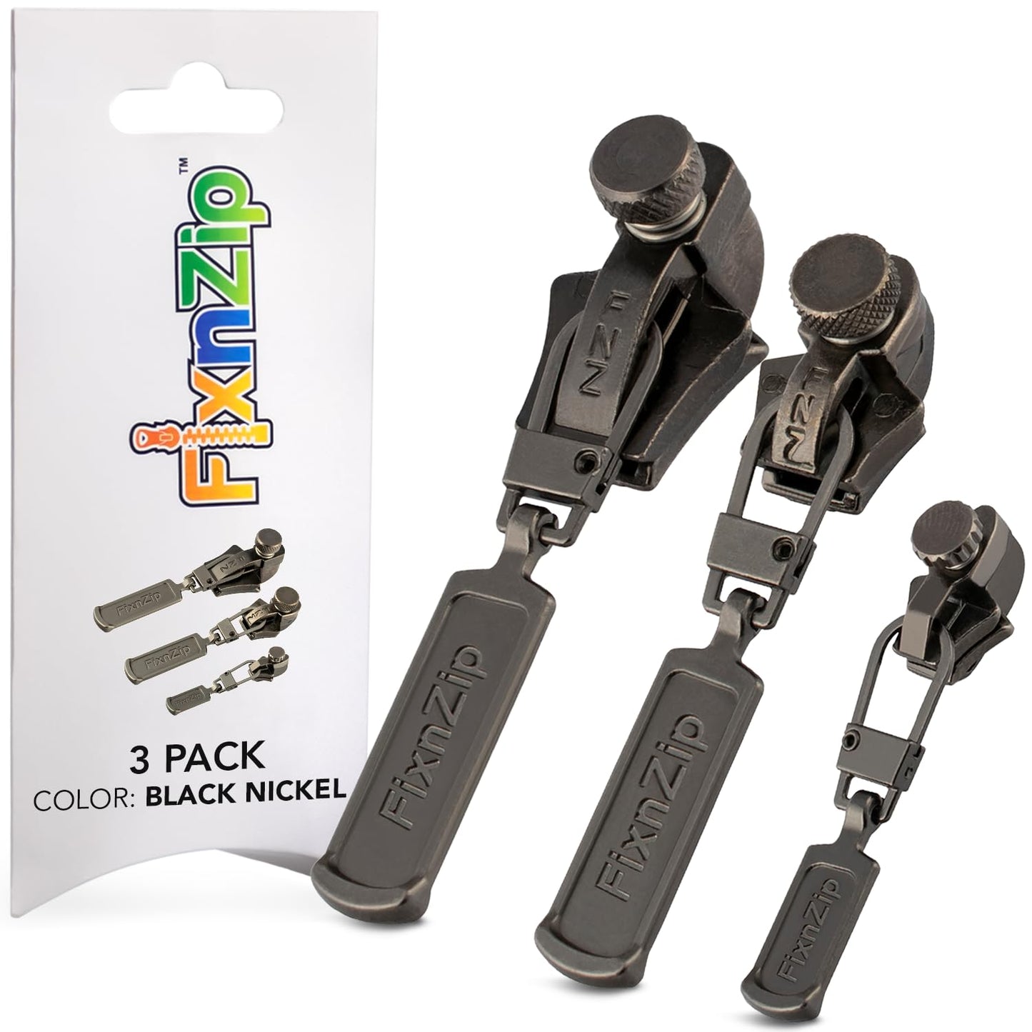 FixNZip Small, Medium, and Large Black Nickel Zipper Repair Kit Bundle | Universal No-Sew Slider Replacement for All Zipper Needs | Instant and Reusable Repair Tool | Sizes 1-10