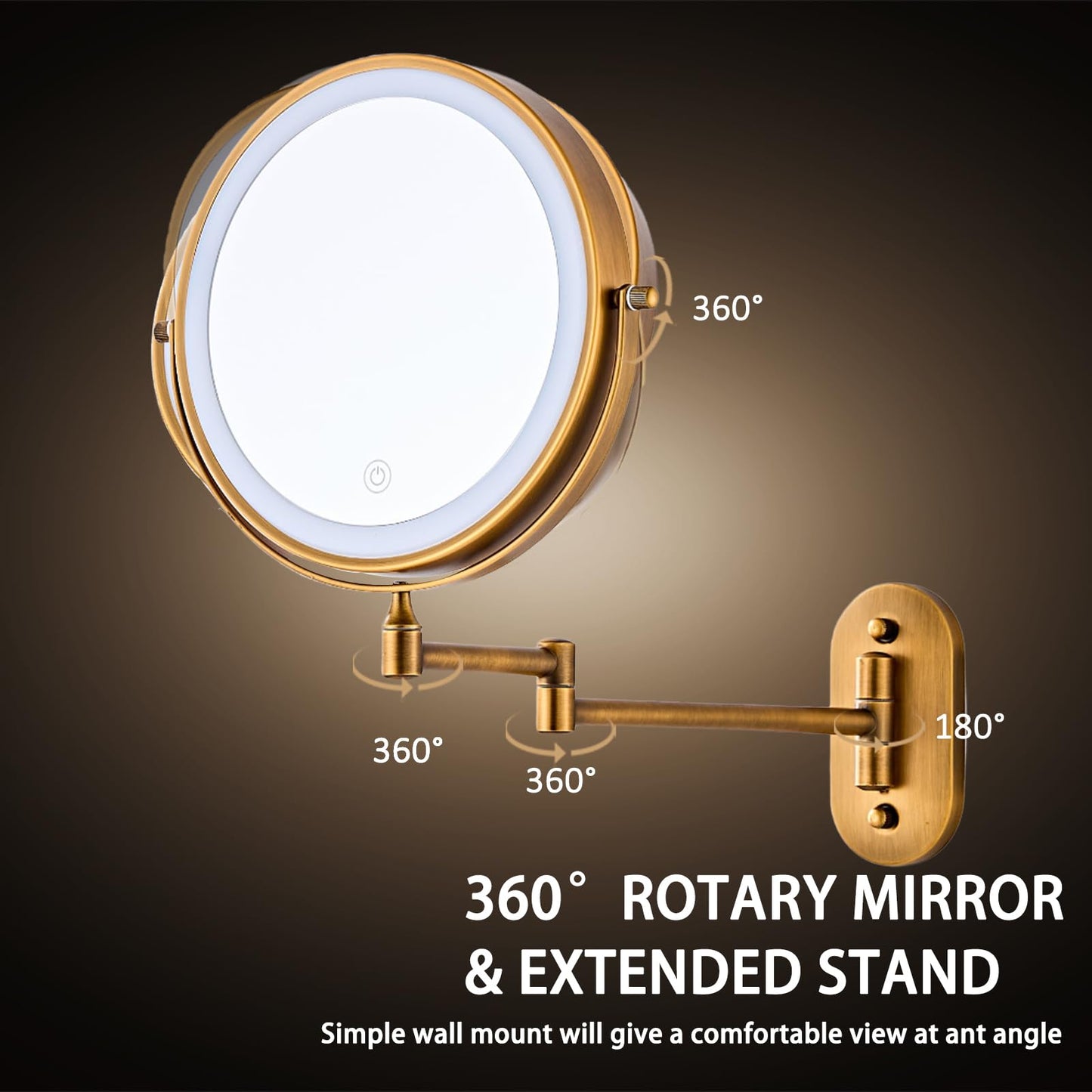 MIROAMZ Rechargeable Wall Mounted Lighted Makeup Vanity Mirror 8 Inch Double Sided 1X 10X Magnifying Bathroom Mirror, 3 Color Lighting, Touch Screen Dimming, 360 Rotation Shaving Mirror