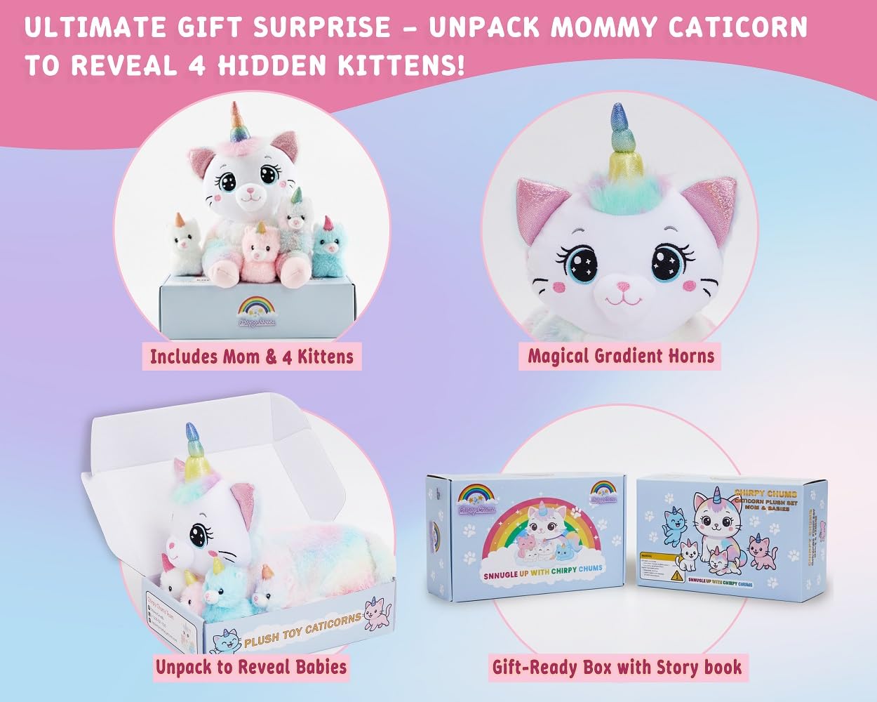 Chirpy Chums Dreamy Unicorn Cat Family – 16” Magical Unicorn Cat Plush with 4 Kittens – Ultra-Soft Stuffed Animal, Zipper Belly Surprise – Magical Pillow Plushies, Big Plush Toy Gift for Kids Ages 3+