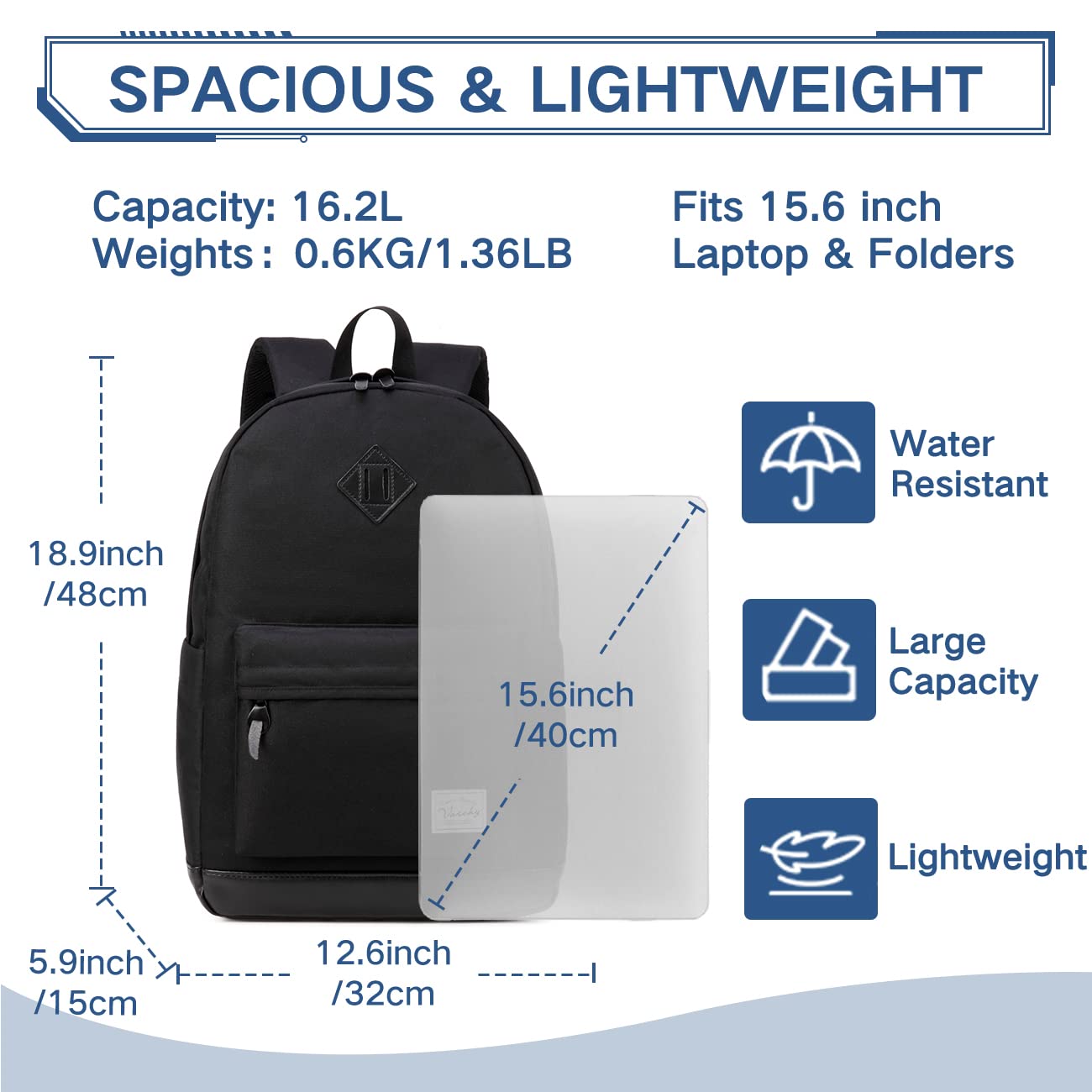 Backpack for Men Women, VASCHY Water-Resistant School Backpack Bookbag Daypack for Teens/College Students Plain Black
