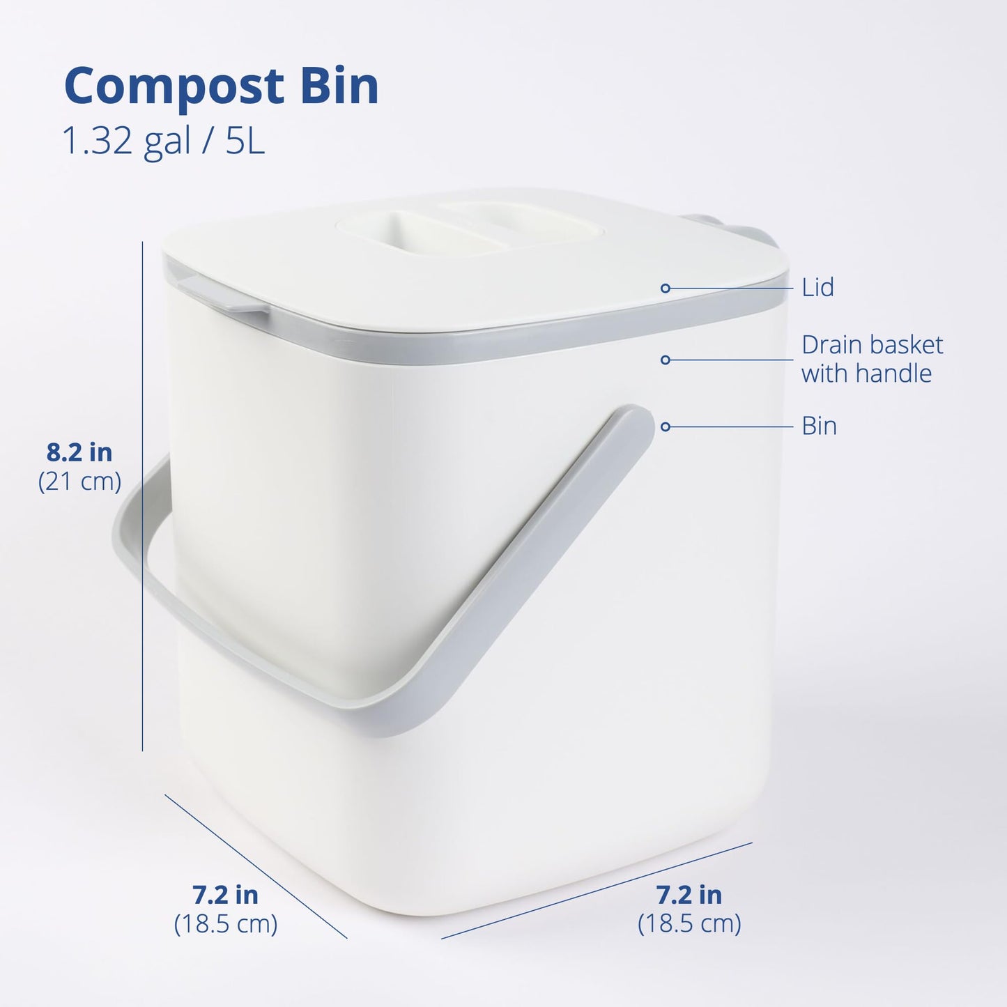 Blue Ginkgo Kitchen Compost Bin [5L / 1.32 GAL] – Filter-Free, Odor-Tight Countertop Food Waste Pail with Handles (Made in Korea, White)