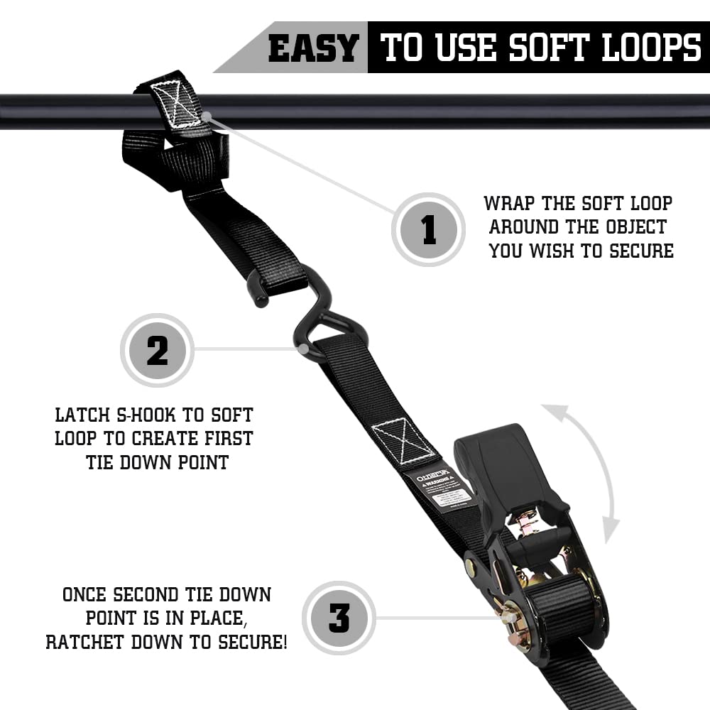 Otherya Ratchet Straps Tie Downs - 4 Pk-15 Ft 1760 Lb Break Strength - Motorcycle Straps Tie Downs, Kayak, Truck, Trailer and Boat Lawn Equipment- Includes 4 Soft Loops （Black）
