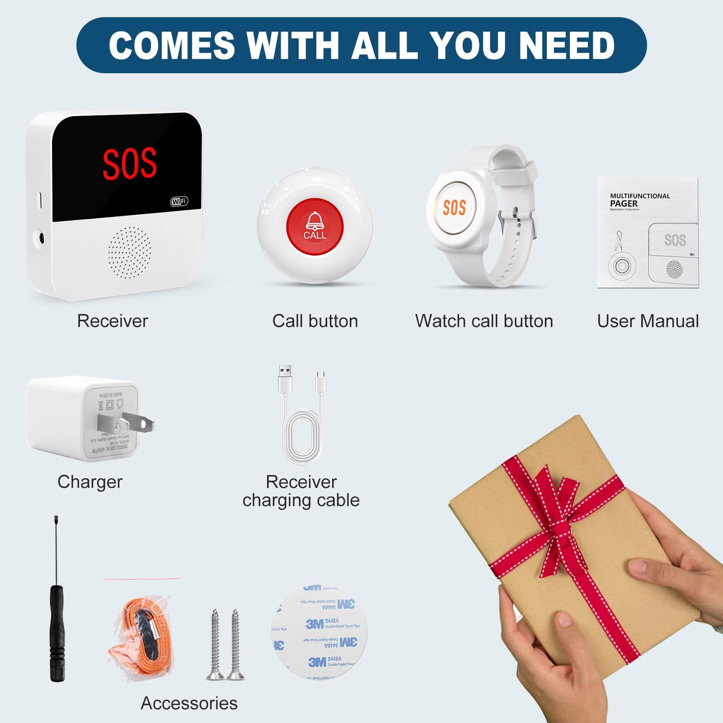 DAYTECH WiFi Smart Caregiver Pager Wireless Call Button for Elderly Monitoring Emergency Call Bell Alert System, 2 Panic Buttons 1 Receiver(ONLY Support 2.4G WiFi)