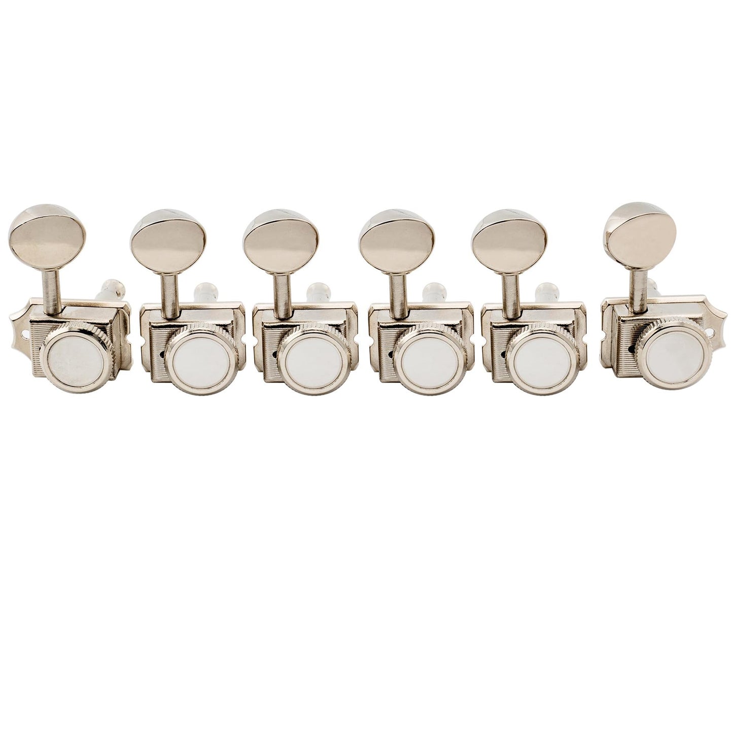 Musiclily Pro R15T 6-in-line 14:1 Ratio Semi Closed Vintage Hybrid Style Locking Machine Heads Tuners with Vintage Oval Button for Fender Squier Strat Tele Style Electric Guitar, Nickel