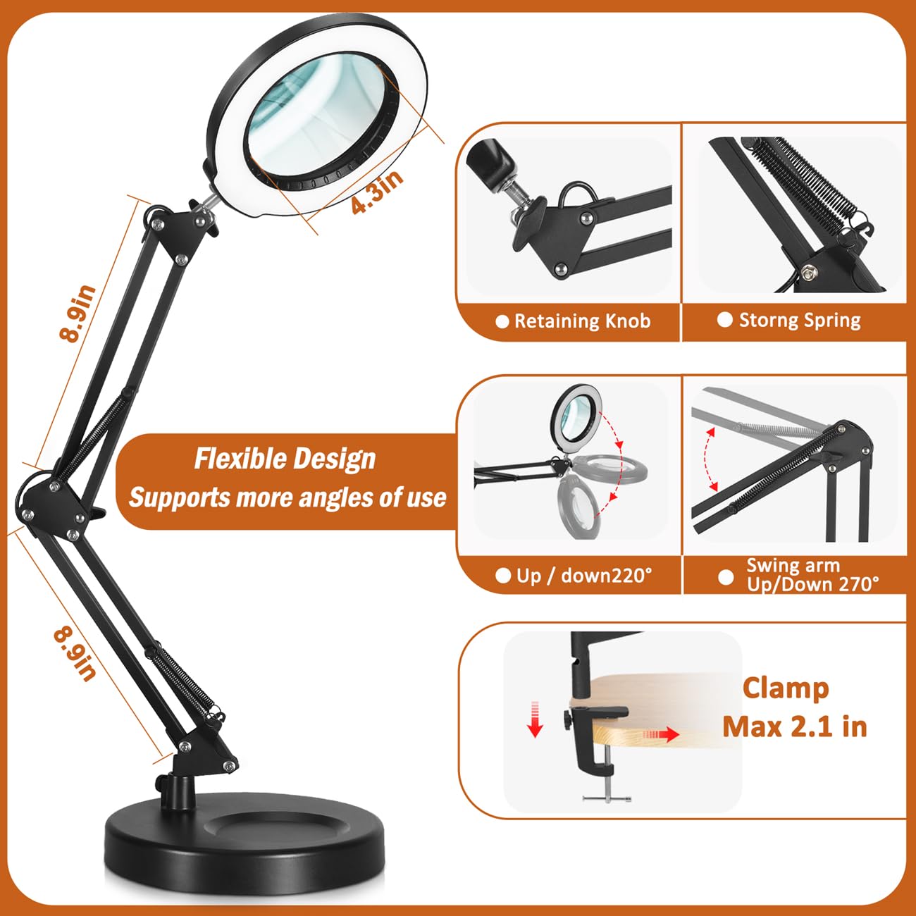 Veemagni 12X Magnifying Glass with Light, 5 Color Modes Stepless Dimmable 2-in-1 Desk Lamp and Clamp, LED Lighted Magnifier with Light and Stand, Hands Free for Craft Repair Hobby Painting Close Work
