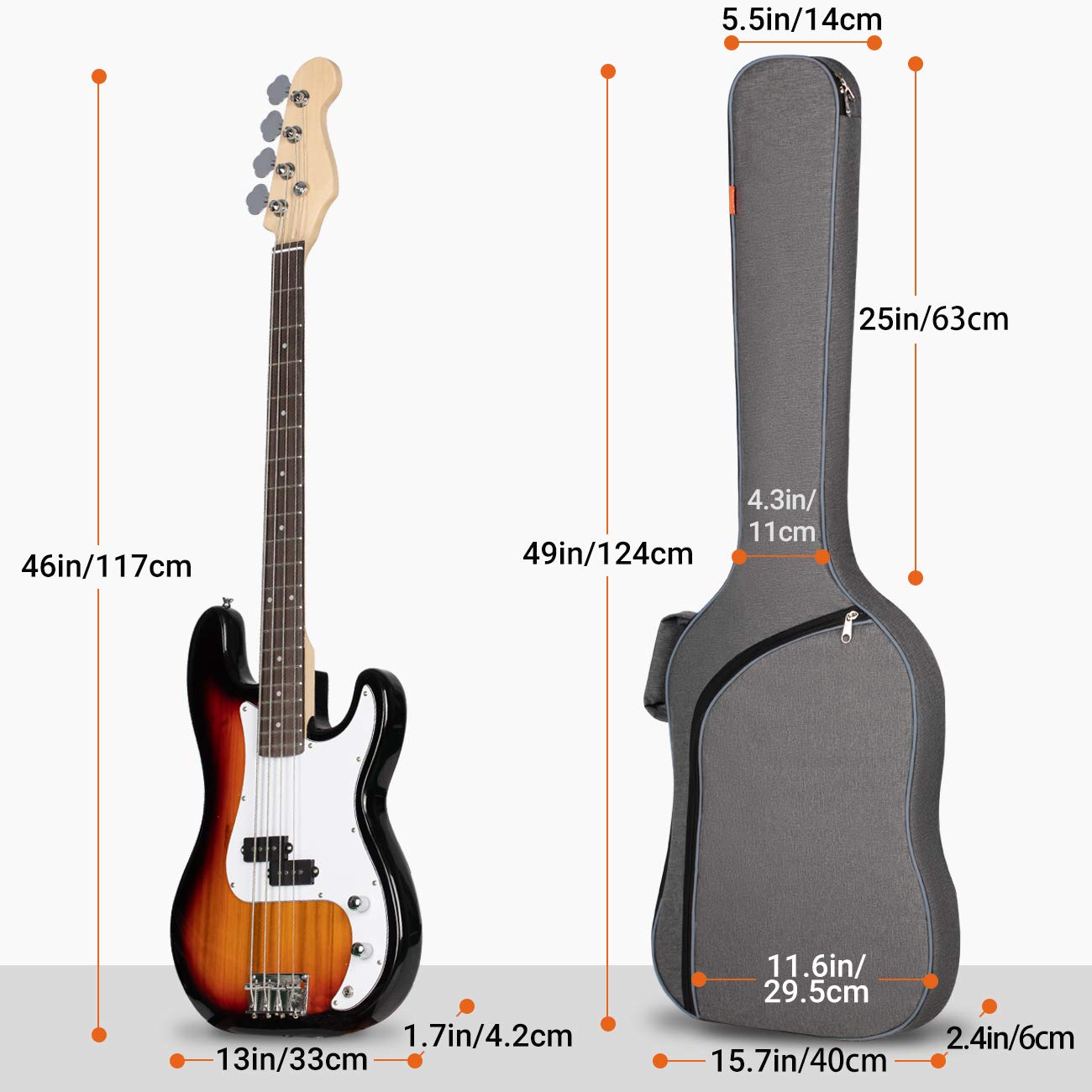 CAHAYA Electric Bass Guitar Bag Padded Backpack Gig Bag 0.3 inch Padding Soft Case Lightweight Grey CY0202-1