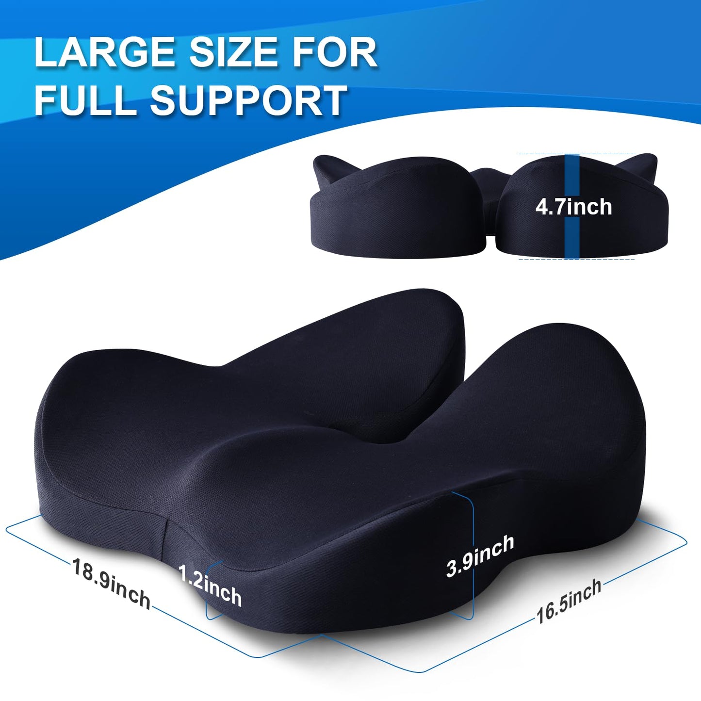 Memory Foam Seat Cushion for Office Chair Pressure Support Extra Large Size, Ergonomic Office Chair Seat Cushion for Tailbone, Car Seat Cushion Improves Posture & Support for Long Sitting Black
