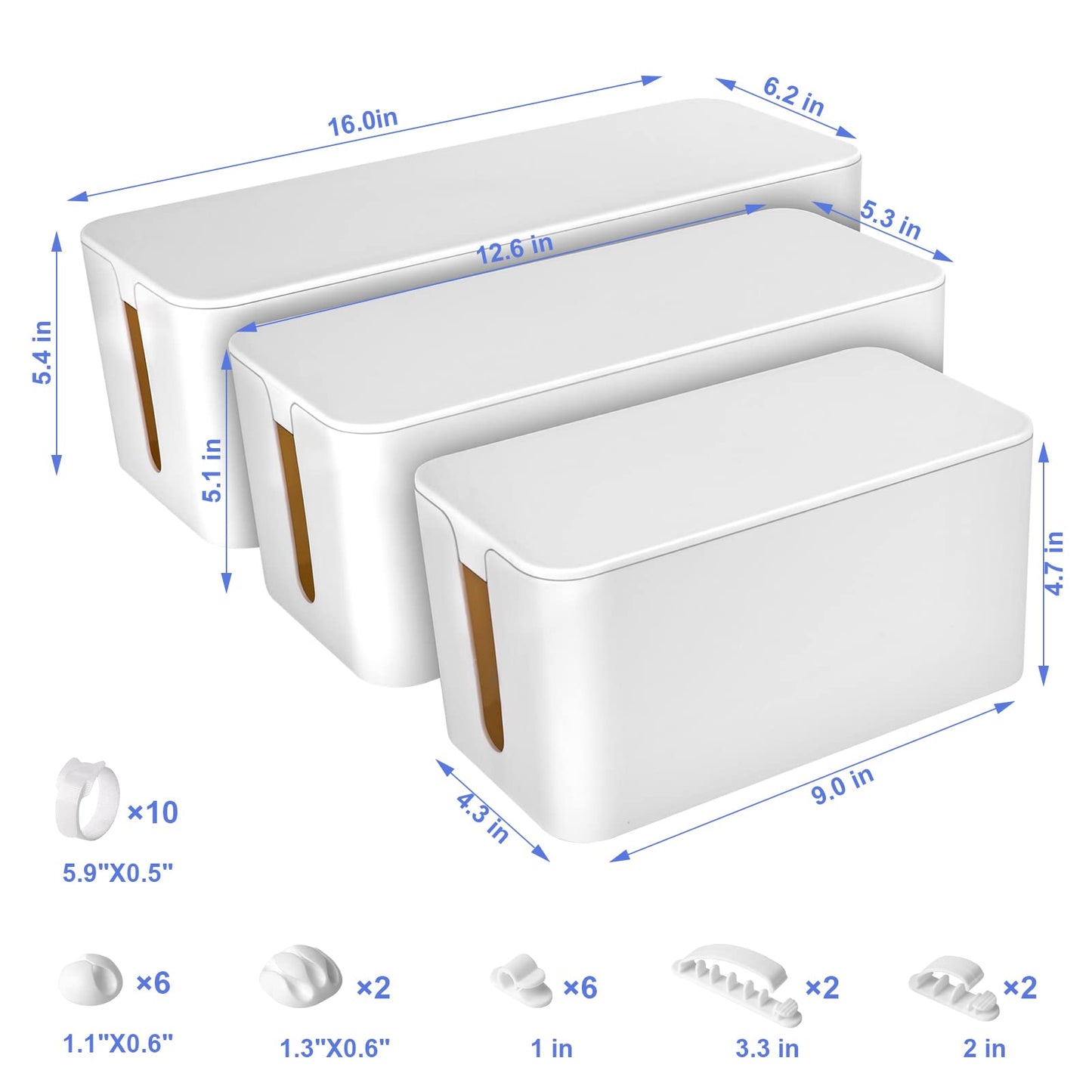 Chouky Cable Organizer Box Set of Three, Power Cover Cord Holder Surge Protector for Desk (White)