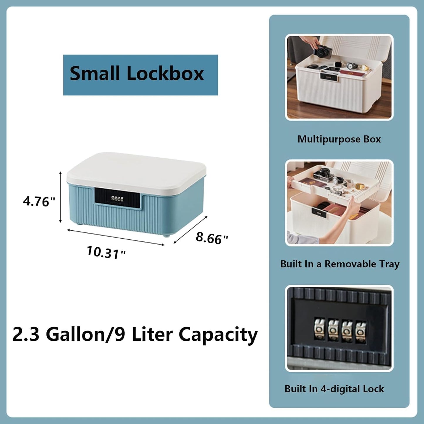 AnRui 2.3 Gallon Lockable Storage Container Bin, Portable Safe Box with Combination Lock, Heavy Duty Plastic Trunk for Car, School, Office, Home and Outdoor, (White&Blue, 9L) ﻿