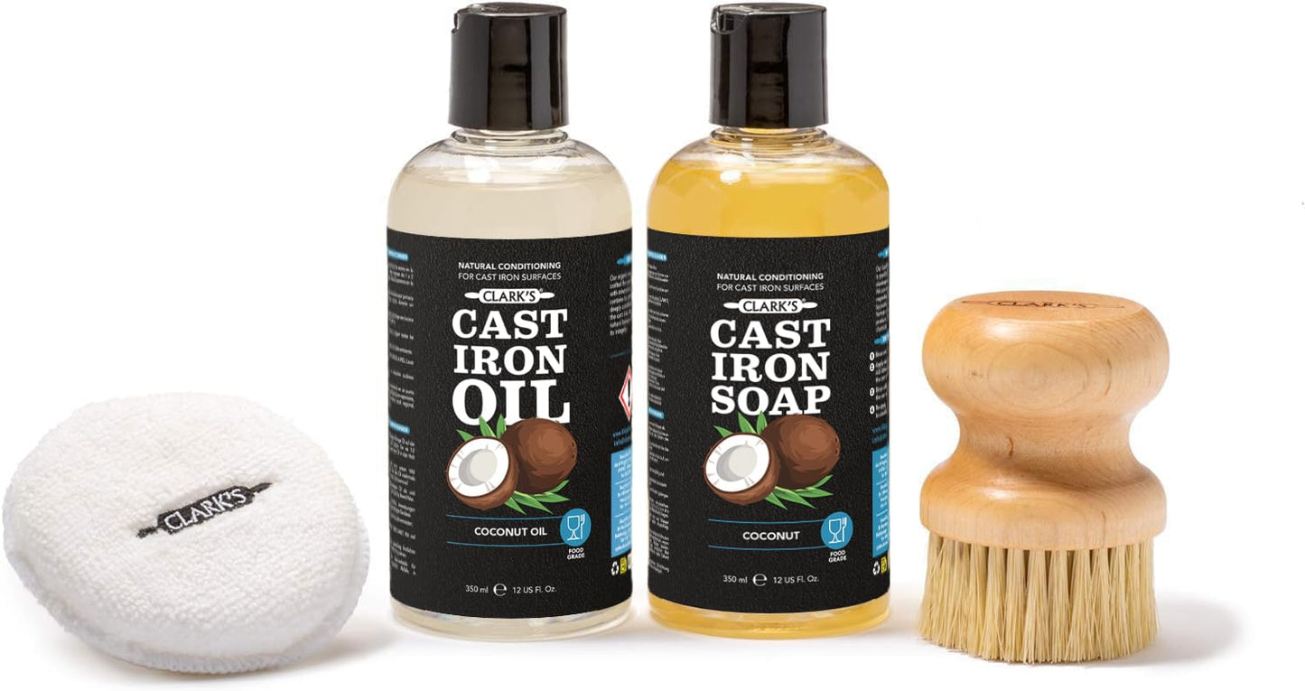CLARK'S Complete Cast Iron Care Kit - Seasoning Oil (12 oz) - Soap - Scrub Brush - Applicator Pad - Suitable for All Cast Iron and Carbon Cookware Maintenance
