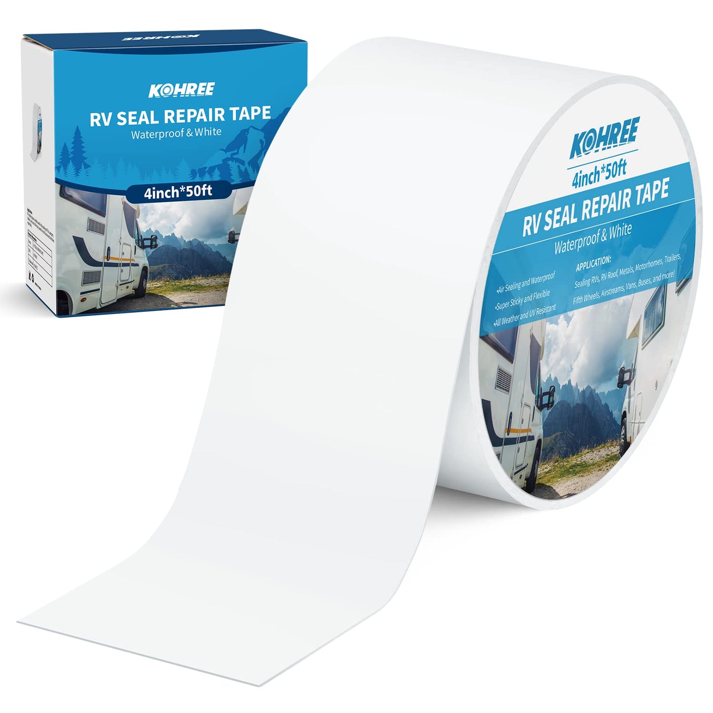 Kohree RV Sealant Tape, 4 Inch x 50 Foot White Roof Seal Tape UV & Weatherproof Butyl Tape for RV Repair, Window, Boat Sealing, Truck Stop Camper Roof Leaks