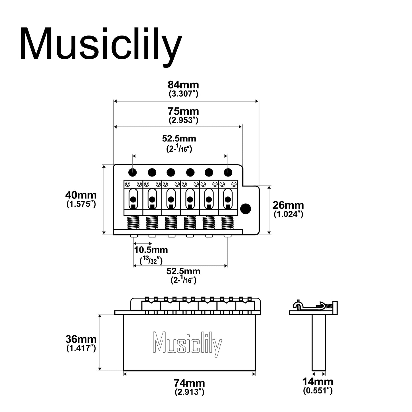 Musiclily Pro 52.5mm Vintage 6-Screw Tremolo Bridge 36mm Solid Brass Block for Squier Strat Style Electric Guitar, Black