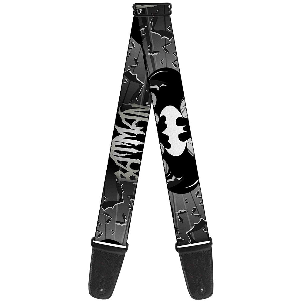 Buckle-Down GS-WBM036 Guitar Strap - BATMAN w/Bat Signals & Flying Bats Black/White - 2" Wide - 29-54" Length