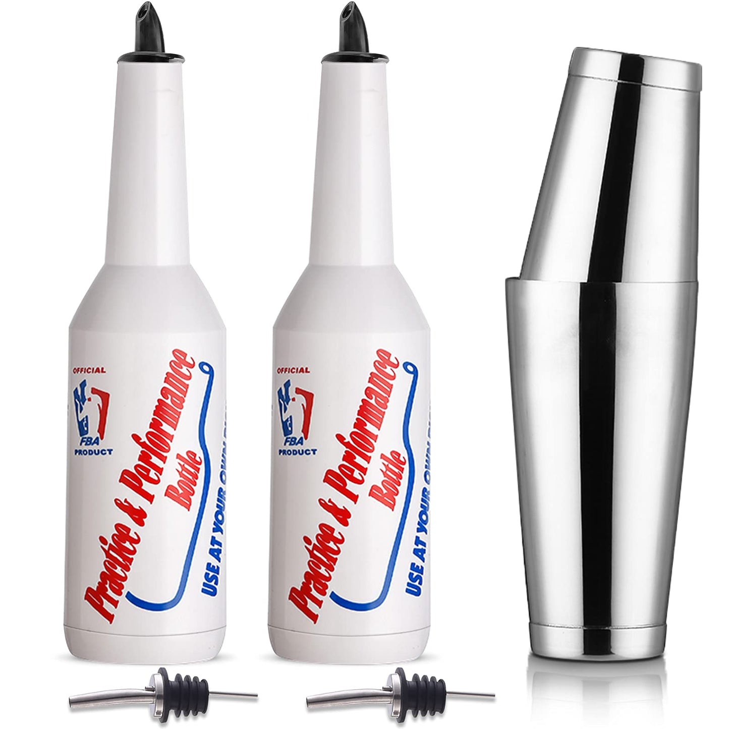 YooYuuk 5pcs Flair Bartender Kit, 2 Flair Bottles (25oz/750ml), 1 Boston Shaker (18/28oz), Practice & Performance Bottle, Silver, PVC & Stainless Steel