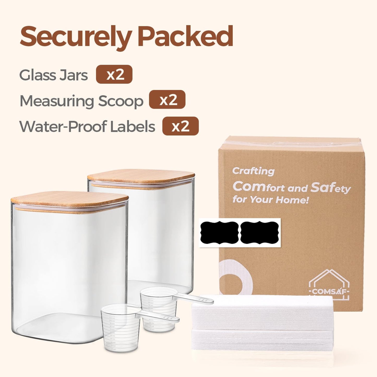ComSaf Airtight Glass Jars Kitchen Storage 3.4 L Square 2 Pieces, Airtight Glass Jar with Lid, Spaghetti Box, Pasta