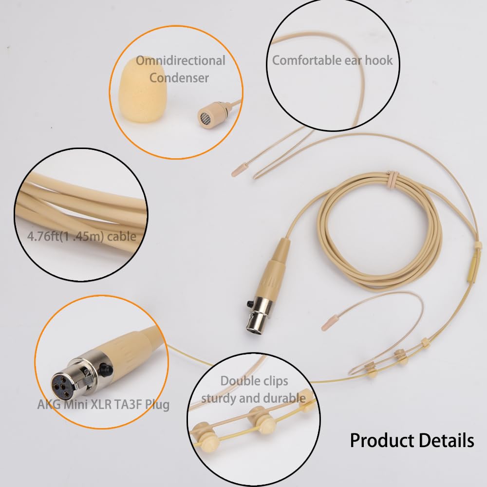 YXG Headworn Earset Over Ear Hanging Mic Low Profile Light-Weight Microphone Compatible with Shure Wireless System Bodypack Transmitter with 1.45m Cable Mini XLR 4 Pin TA4F Plug(Skin Tone), Beige MIC