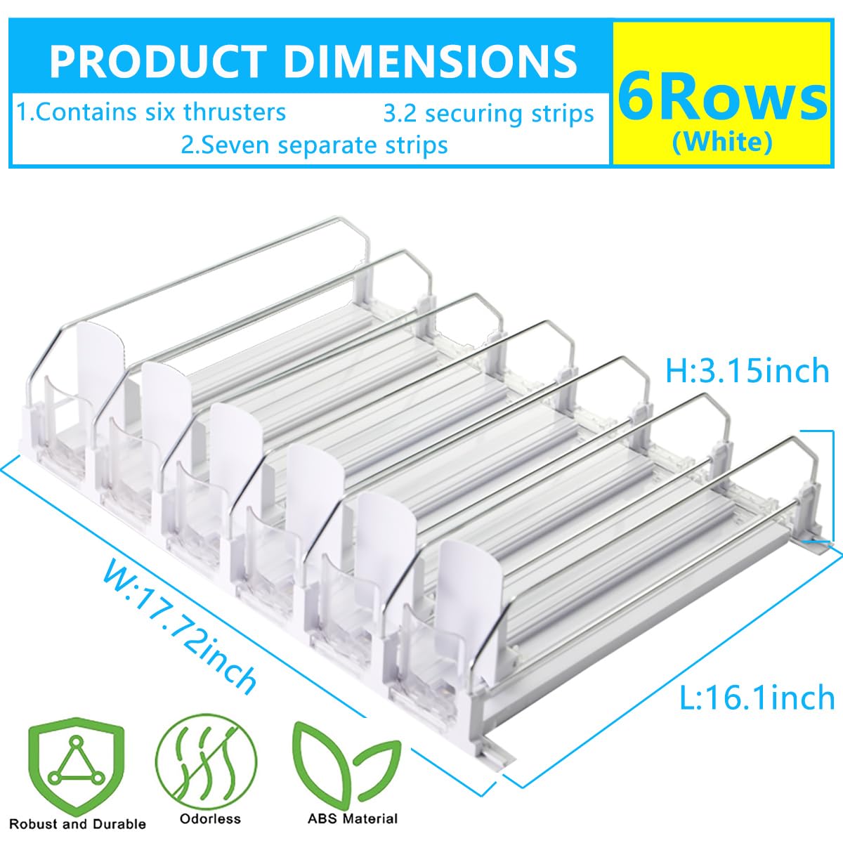 Width17.72 inch x Depth 16.1 inch Large Capacity Automatic Pushing Drink Organizer,Width Adjustable/Space-Saving-with Smooth and Fast Pusher Glide,Drink Organizer for Fridge (White, 6 Rows)