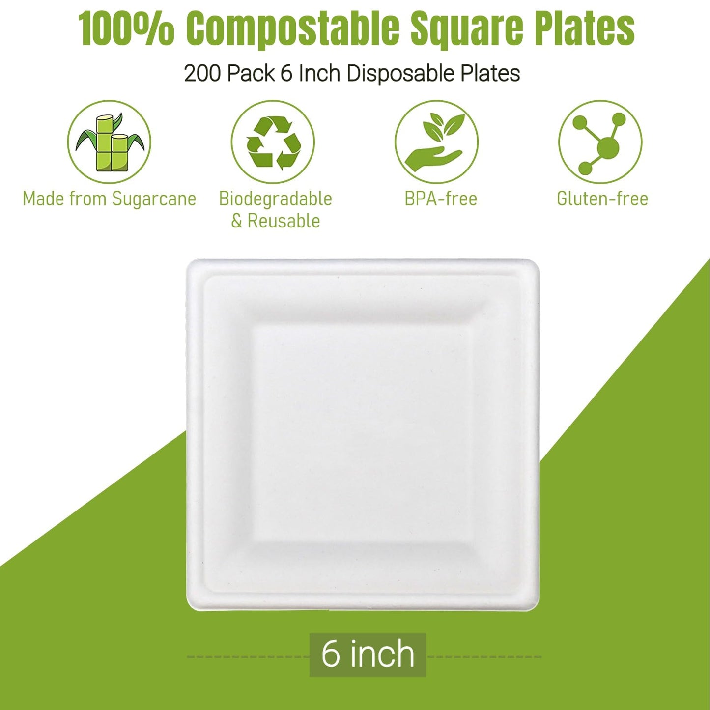 200 pcs Biodegradable Disposable Paper Plates, White 6 inch Square Paper Plate Heavy Duty, Eco Friendly Disposable Plates, Compostable Disposable Dinner Plates for Party, Picnic