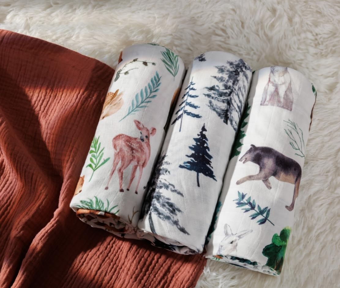 3 Pack Baby Muslin Swaddle Blankets Gender Neutral Large Swaddles for Newborn Baby Boys or Girls Light Receiving Blankets Newborn Infant Essentials for Mom (Woodland)