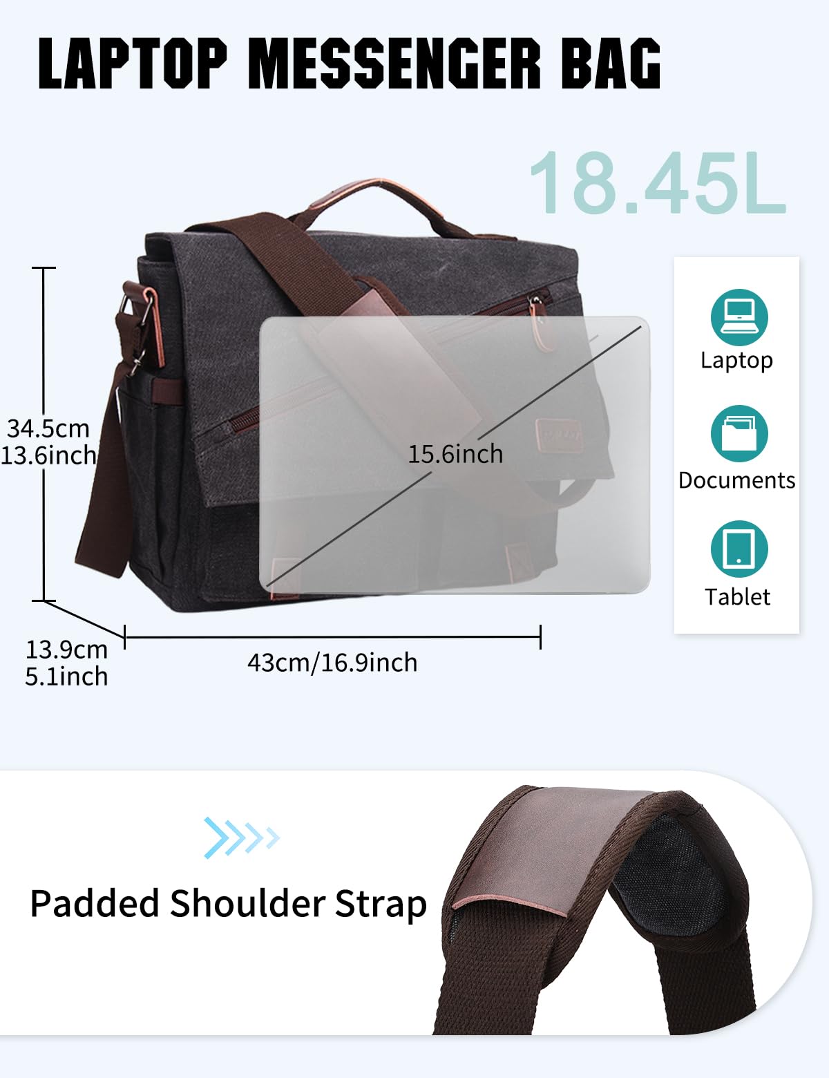 RAVUO Messenger Bag for Men, Water-Resistant Canvas Satchel Briefcase, Fits 15.6 Inch Laptop, Padded Strap, Large Capacity Laptop Bag for Work, Business, College-Black
