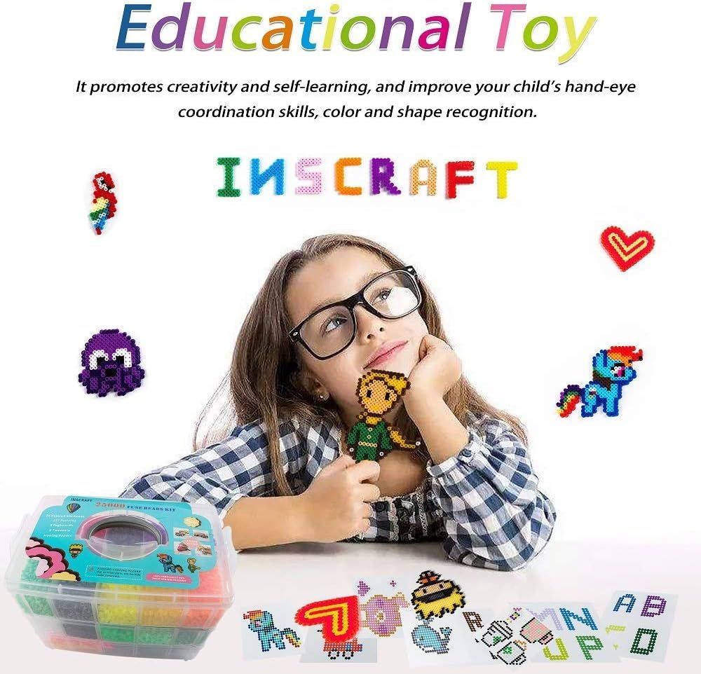 25,000 pcs Fuse Beads Kit 26 Colors 5MM, Including 127 Patterns, 4 Big Square, 1 Heart Pegboards, 1 Flower Ironing Paper, Tweezers, Beads Compatible by INSCRAFT