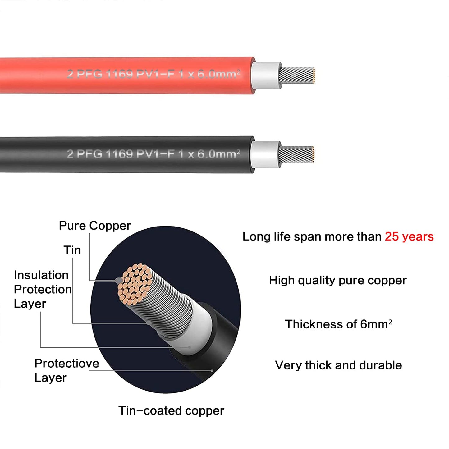 Jamgoer 20FT 10AWG Solar Panel Extension Cable with Male and Female Connectors with Extra Free Connectors and Solar Connector Pins for Solar Panel (6M Red +6M Black)