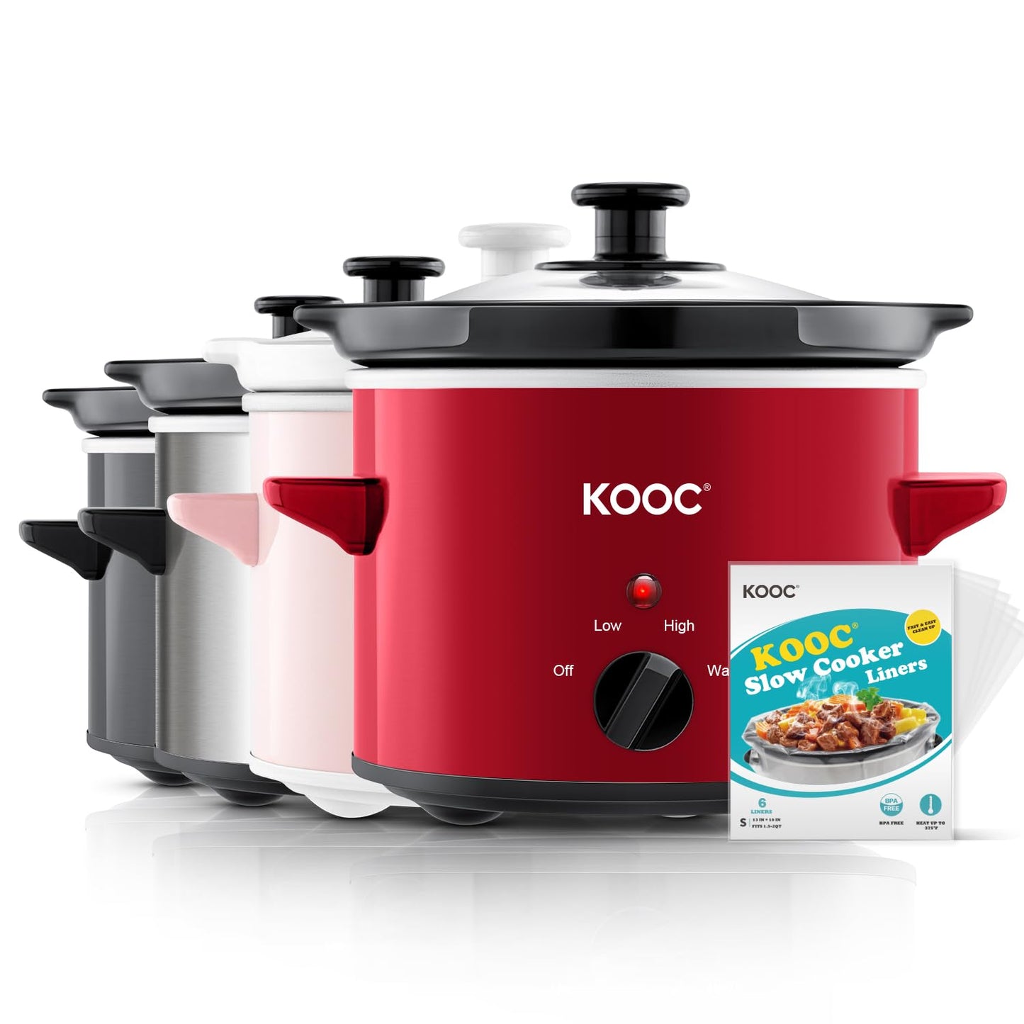KOOC Small Slow Cooker, 2-Quart, Free Liners Included for Easy Clean-up, Upgraded Ceramic Pot, Adjustable Temp, Nutrient Loss Reduction, Stainless Steel, Red, Round