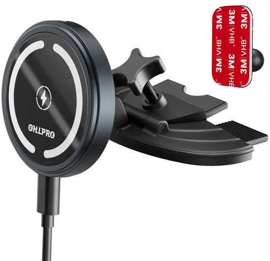 OHLPRO for 15W MagSafe Car Mount Charger for iPhone 17, Fast Wireless Charging, Magnetic CD Slot Holder with 3M Adhesive Base for Dashboard, Aluminum Shell, Compatible with iPhone 16 15 14 13 Series
